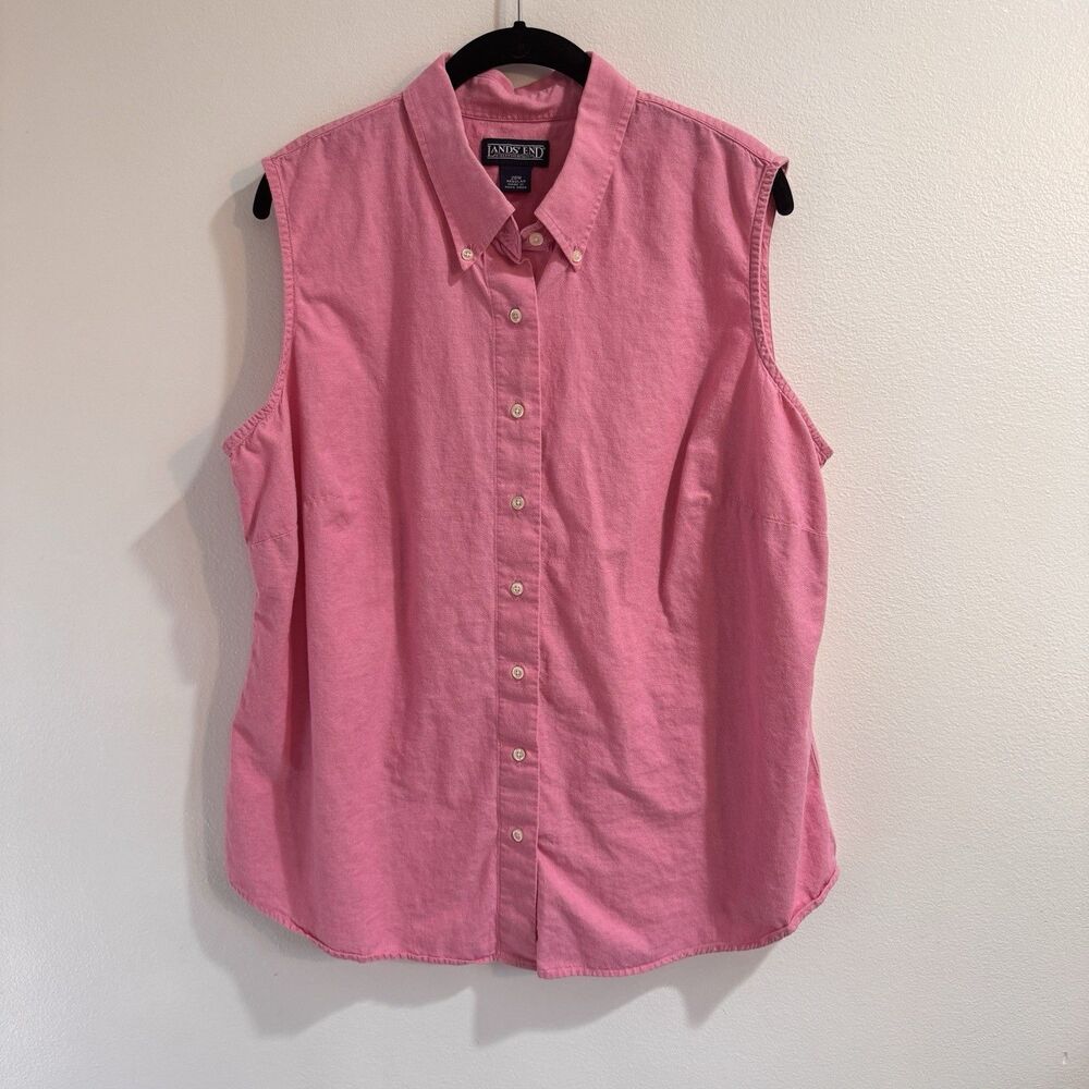 Lands' End Tank Top Shirt 20W Pink 100% Cotton Button Front Classic Preppy
